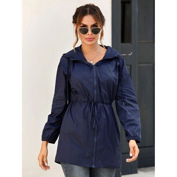 Hooded Windbreaker Jacket‎ Lightweight Zip-Up Drawstring Waist Water- Resistant - Picture 1 of 10